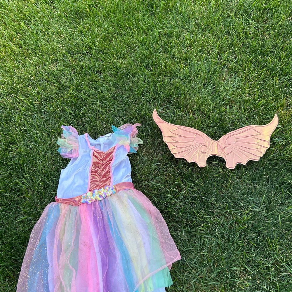 Spirit Halloween Unicorn Rainbow girls dress size medium, dress, tail, and wings